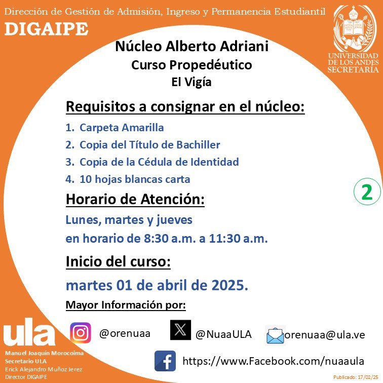 🚨Núcleo #ULA Vigia🚨
Proceso de admisión nuevos bachilleres para las diferentes carreras disponibles en el Núcleo #ULA Vigía.
<a href="/jorgegalvis/">jorge galvis</a> <a href="/bonuccimario/">Mario Bonucci R.</a> <a href="/rectoradoula/">Rectorado ULA</a>