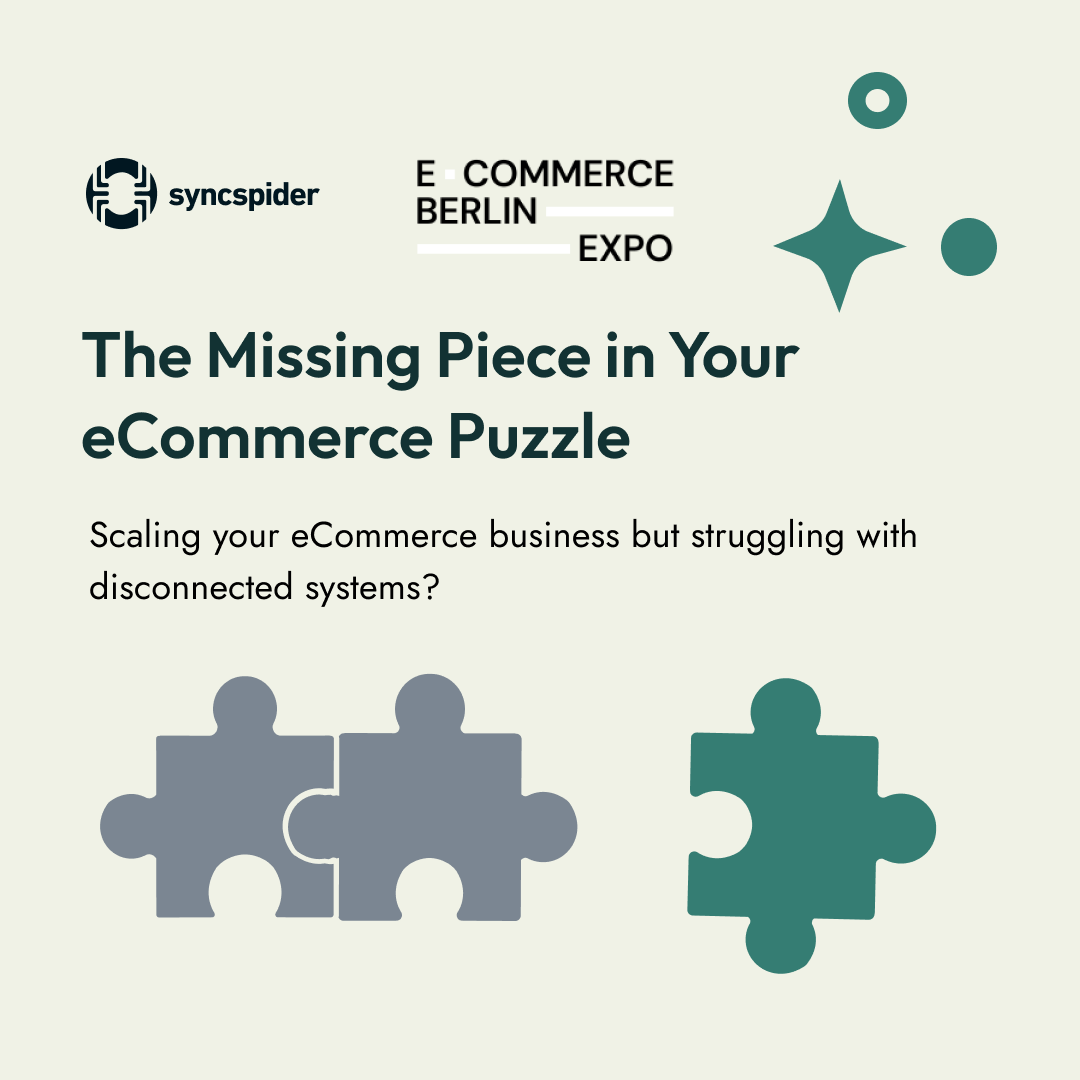 🛍️ SyncSpider specializes in seamless integrations tailored to your needs.
💡 Meet our experts in Berlin and get hands-on solutions for your business!
📅 February 19-20, 2025 | 📍 Booth M4.8

🔗 Let's talk vist.ly/3mvaxv9

#EcommerceBerlin #SyncSpider