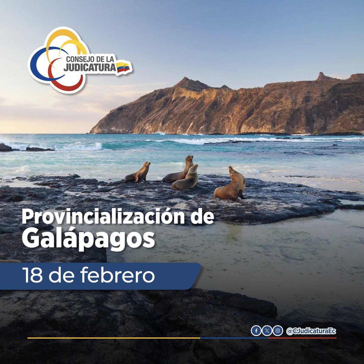 🚩🐢 | #Galápagos

Hoy celebramos un año más de provincialización de las Islas Encantadas, un paraíso natural que es orgullo del Ecuador y del mundo 🌎🐠🌿.

Desde el Consejo de la Judicatura, reafirmamos nuestro compromiso de garantizar un acceso ágil y eficiente a la justicia