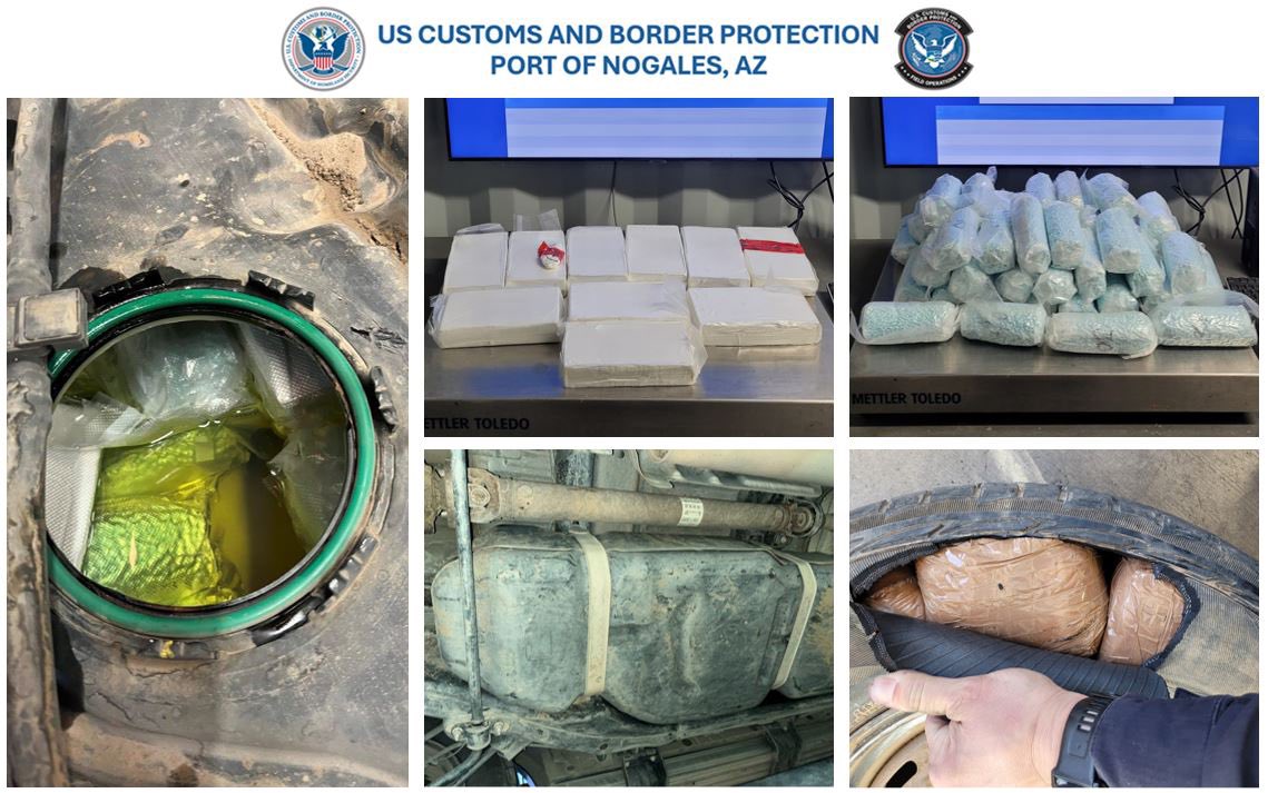 On January 25th, CBP officers at the Nogales POE seized 25 pounds of bulk fentanyl powder and approximately 264,099 fentanyl pills concealed in the gas tank of a vehicle. The same day, officers seized 86 pounds of meth hidden in the spare tire of a car. Good work by the team.