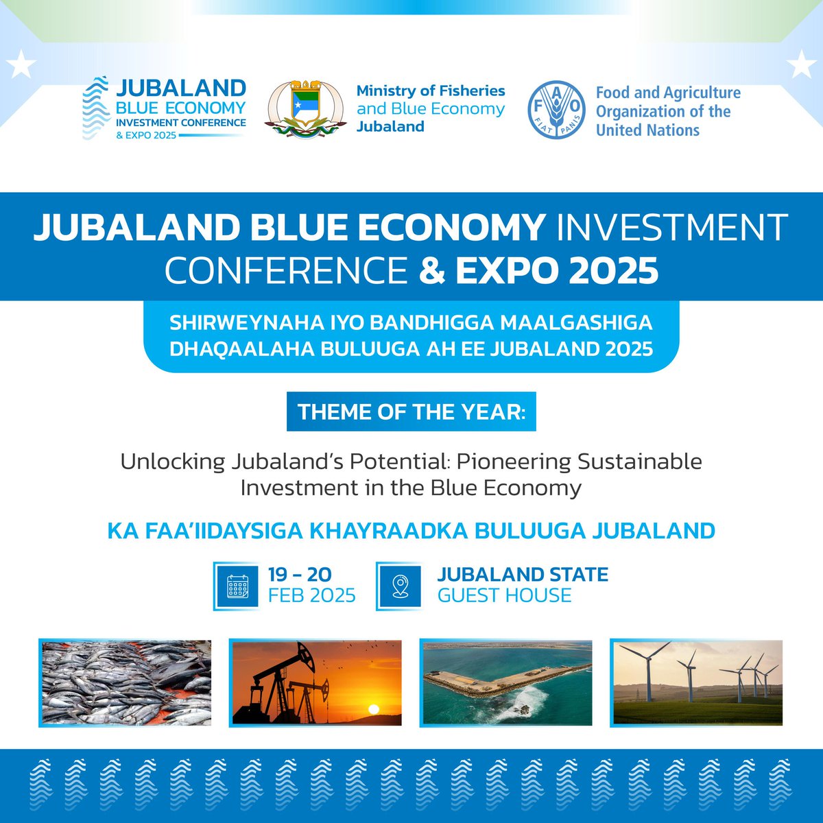 Ministry Of Fisheries & Blue Economy Jubaland (@mofbejl) on Twitter photo On 19-20th of Feb <a href="/Mofbejl/">Ministry Of Fisheries & Blue Economy Jubaland</a> will host the Jubaland Blue Economy Investment Conference & Exhibition 2025. Theme: Unlocking Jubaland's Potential pionering sustainable Investment in the Blue Economy.
Stay tuned for speeches & all updates from the conference & exhibition.<a href="/FAOSomalia/">FAO in Somalia</a> On 19-20th of Feb <a href="/Mofbejl/">Ministry Of Fisheries & Blue Economy Jubaland</a> will host the Jubaland Blue Economy Investment Conference & Exhibition 2025. Theme: Unlocking Jubaland's Potential pionering sustainable Investment in the Blue Economy.
Stay tuned for speeches & all updates from the conference & exhibition.<a href="/FAOSomalia/">FAO in Somalia</a>