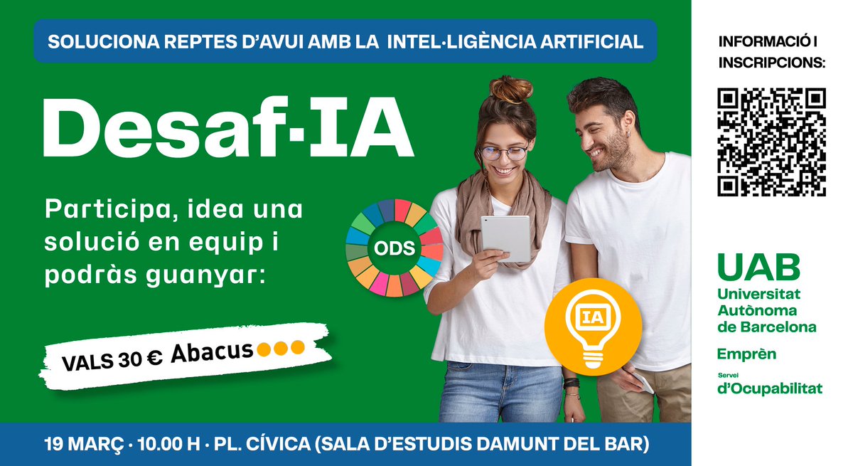 No et perdis Desaf·IA! Una competició d'idees on treballaràs en equip per idear projectes a favor dels Objectius de Desenvolupament Sostenible (ODS), seguint la metodologia design thinking🧠💡🤝
Iscriu-t'hi!
#uab #teamwork #ocicuab #emprenUAB #ocupabilitatUAB