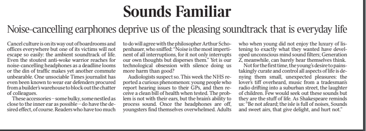 Laurence Sleator (@laurencesleator) on Twitter photo Never disagreed with an editorial more than today's one from <a href="/thetimes/">The Times and The Sunday Times</a>
Noise-cancelling headphones are one of the great inventions of modern life.
Travel on any bus/train past 10pm on a Friday and Sat and tell me about life's "pleasing soundtrack". Never disagreed with an editorial more than today's one from <a href="/thetimes/">The Times and The Sunday Times</a>
Noise-cancelling headphones are one of the great inventions of modern life.
Travel on any bus/train past 10pm on a Friday and Sat and tell me about life's "pleasing soundtrack".