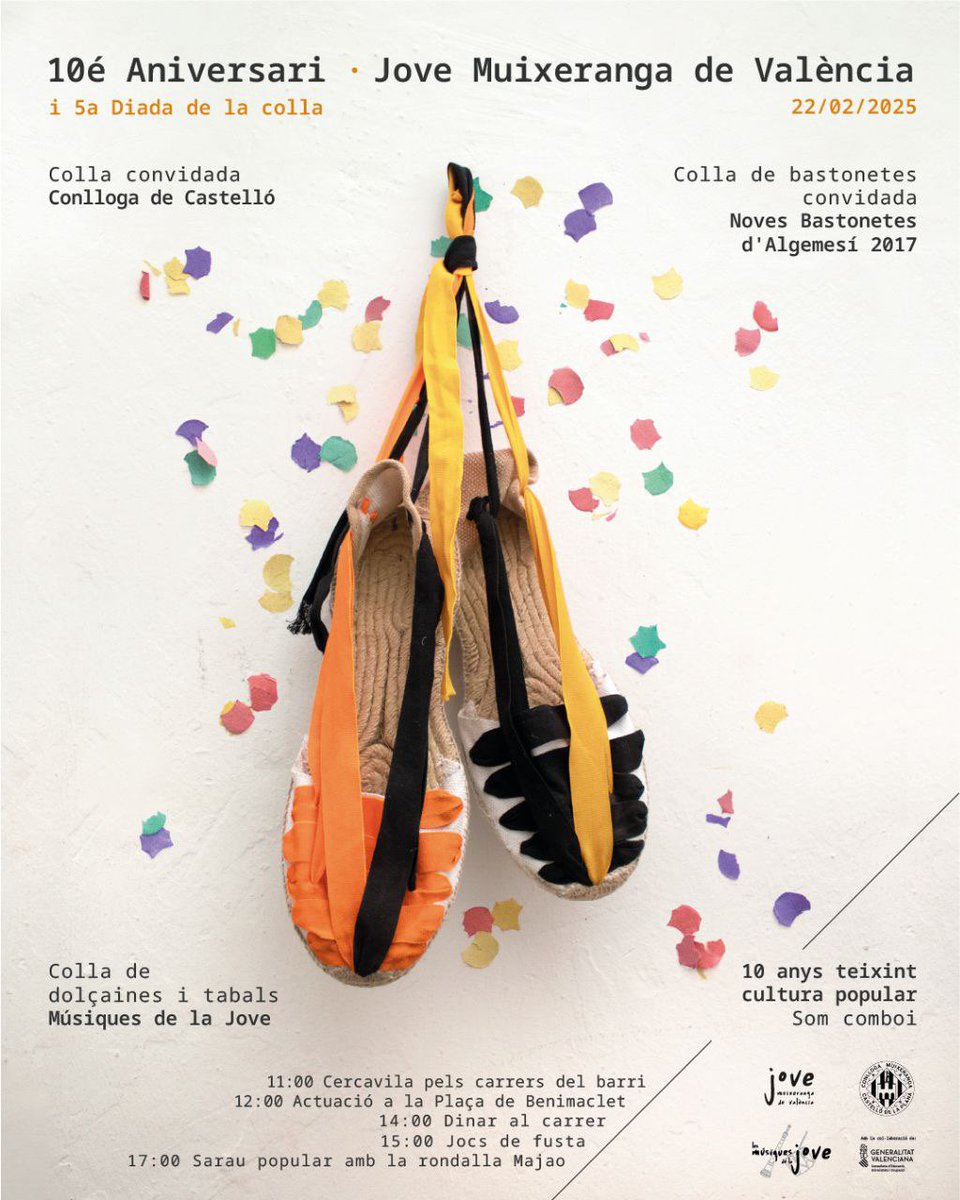 COLLA DE BASTONETES CONVIDADA
✨Ens fa molta il·lusió convidar les Noves Bastonetes del 2017!

👉🏽Es tracta d’un ball de la Mare de Déu de la Salut d’Algemesí des de 1839.

🥁Les components escenifiquen una lluita al so de tabal i dolçaina. 

10 ANYS TEIXINT CULTURA POPULAR 
💛💙