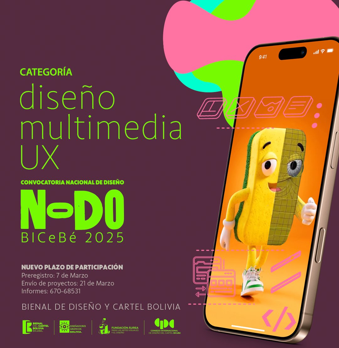 Participa de la primera exhibición de diseño boliviano NODO BICeBé 2025. Categoría: DISEÑO MULTIMEDIA UX
Nuevos plazos de cierre:
📌Preregistro: 7 de Marzo
📌 Envío de proyectos 21 de Marzo
+ Info: 670-68531
Descarga la convocatoria: bit.ly/3EG0usf
Ph: Mauricio Poma