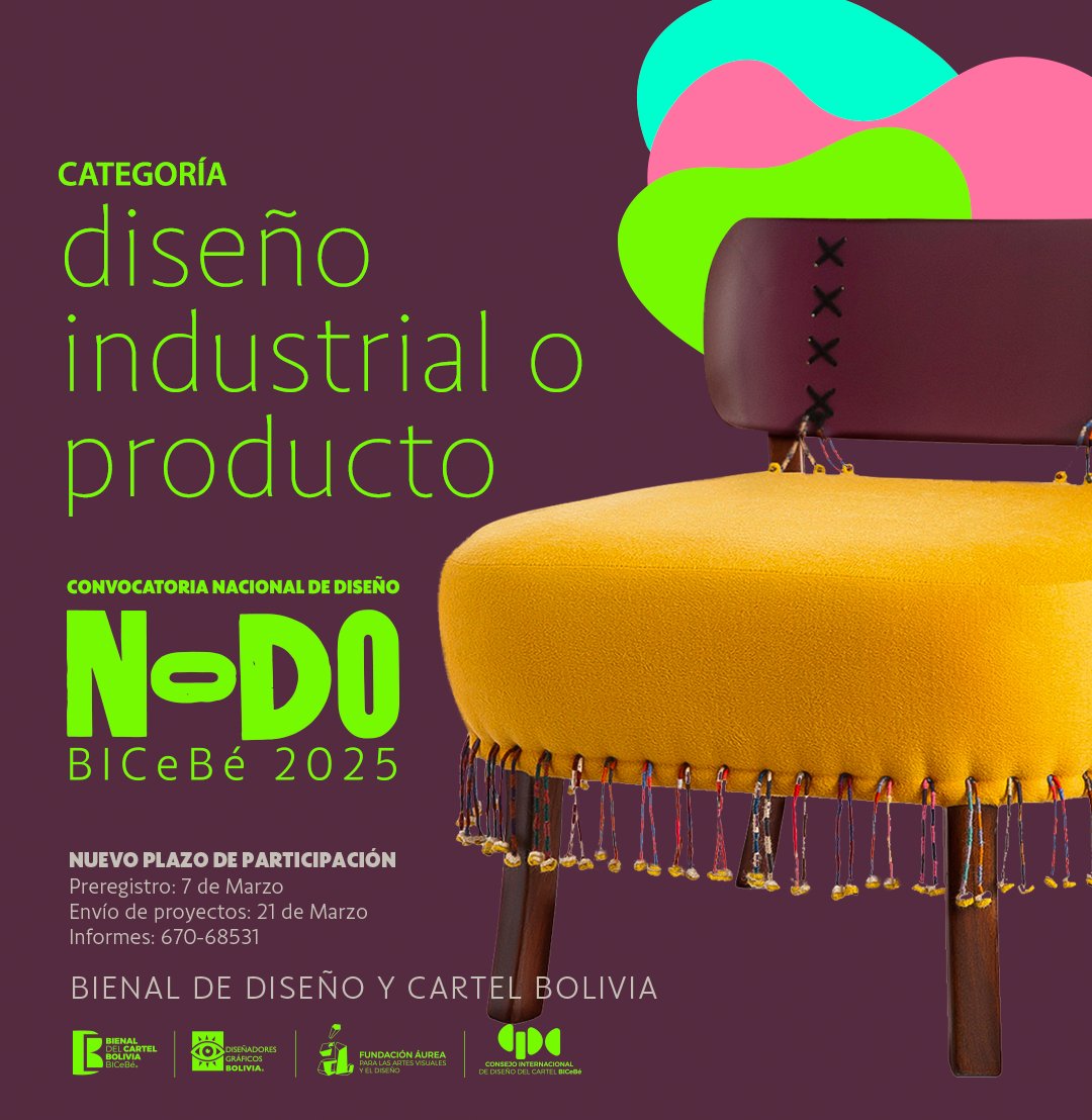 Participa de la primera exhibición de diseño boliviano NODO BICeBé 2025. Categoría: DISEÑO INDUSTRIAL O PRODUCTO
Nuevos plazos de cierre:
📌Preregistro: 7 de Marzo
📌Envío de proyectos 21 de Marzo
+ Info: 670-68531
Descarga la convocatoria: bit.ly/3EG0usf
F: MisoDesign