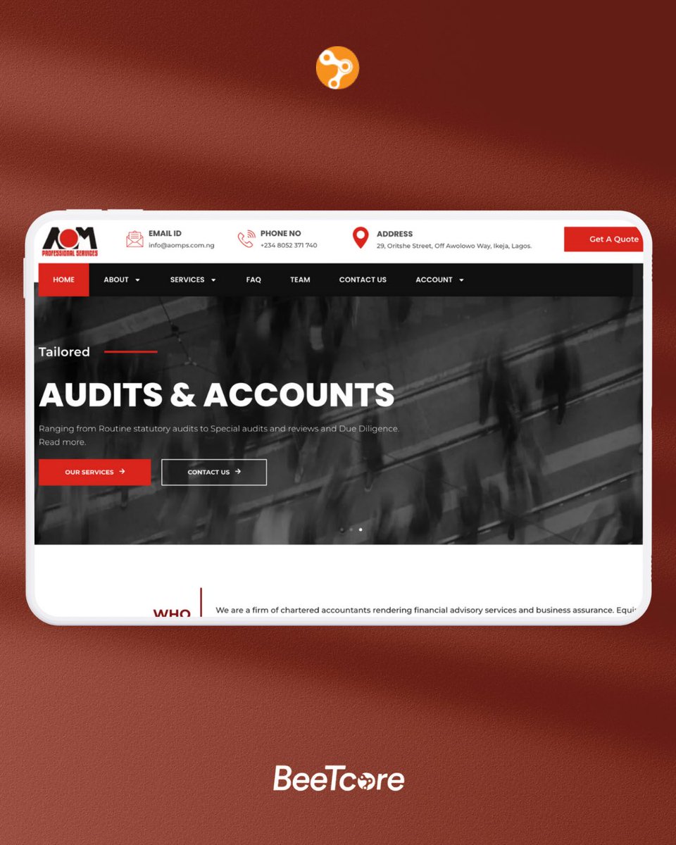 BeeTcore's tweet photo. BeeTcore x AOMPS

Website development for a chartered accounting firm specializing in financial advisory services and business assurance.

→ Web Development + Professional Business Email + Contact Forms + Ongoing Support

→ https://t.co/ah8gsuUil2

#beetcore #compliance https://t.co/8YczpiFEdx