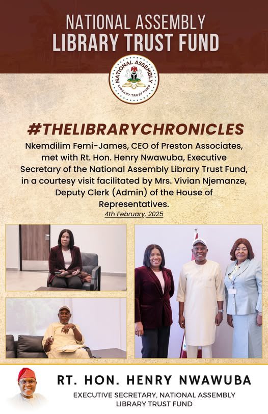 naltf_ng's tweet photo. NALTF Executive Secretary Rt. Hon. Henry Nwawuba met with Nkemdilim Femi-James, CEO of Preston Associates in a courtesy visit facilitated by Mrs. Vivian Njemanze, Deputy Clerk (Admin) of the House of Representatives. 

#NationalAssemblyLibraryTrustFund #NALTF #LibraryChronicles https://t.co/zXW1ObZa6R