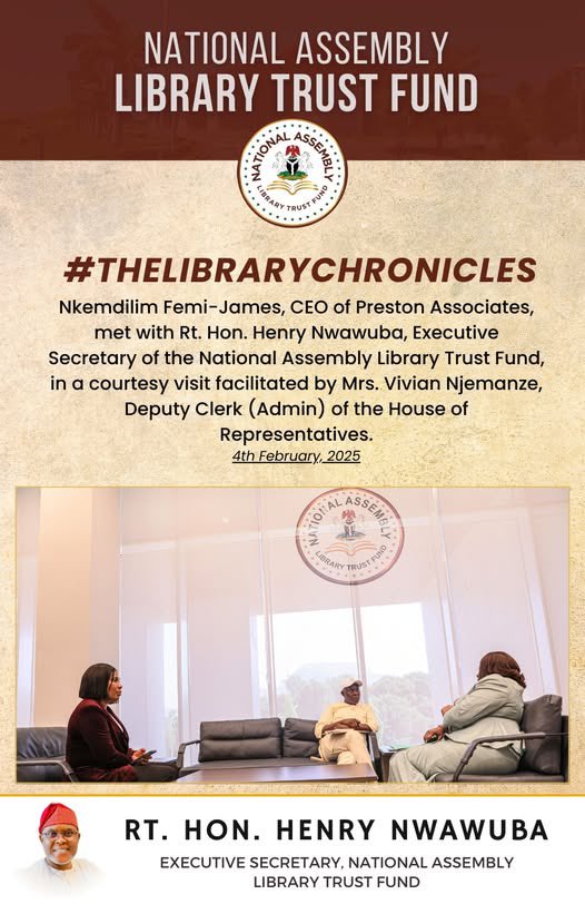 naltf_ng's tweet photo. NALTF Executive Secretary Rt. Hon. Henry Nwawuba met with Nkemdilim Femi-James, CEO of Preston Associates in a courtesy visit facilitated by Mrs. Vivian Njemanze, Deputy Clerk (Admin) of the House of Representatives. 

#NationalAssemblyLibraryTrustFund #NALTF #LibraryChronicles https://t.co/zXW1ObZa6R