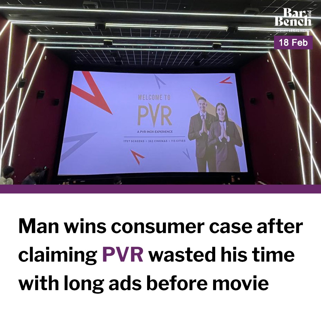 Bar and Bench (@barandbench) on Twitter photo Man wins consumer case after claiming PVR wasted his time with long ads before movie <a href="/PicturesPVR/">PVR INOX Pictures</a>
Read story here: tinyurl.com/25whrfnv Man wins consumer case after claiming PVR wasted his time with long ads before movie <a href="/PicturesPVR/">PVR INOX Pictures</a>
Read story here: tinyurl.com/25whrfnv