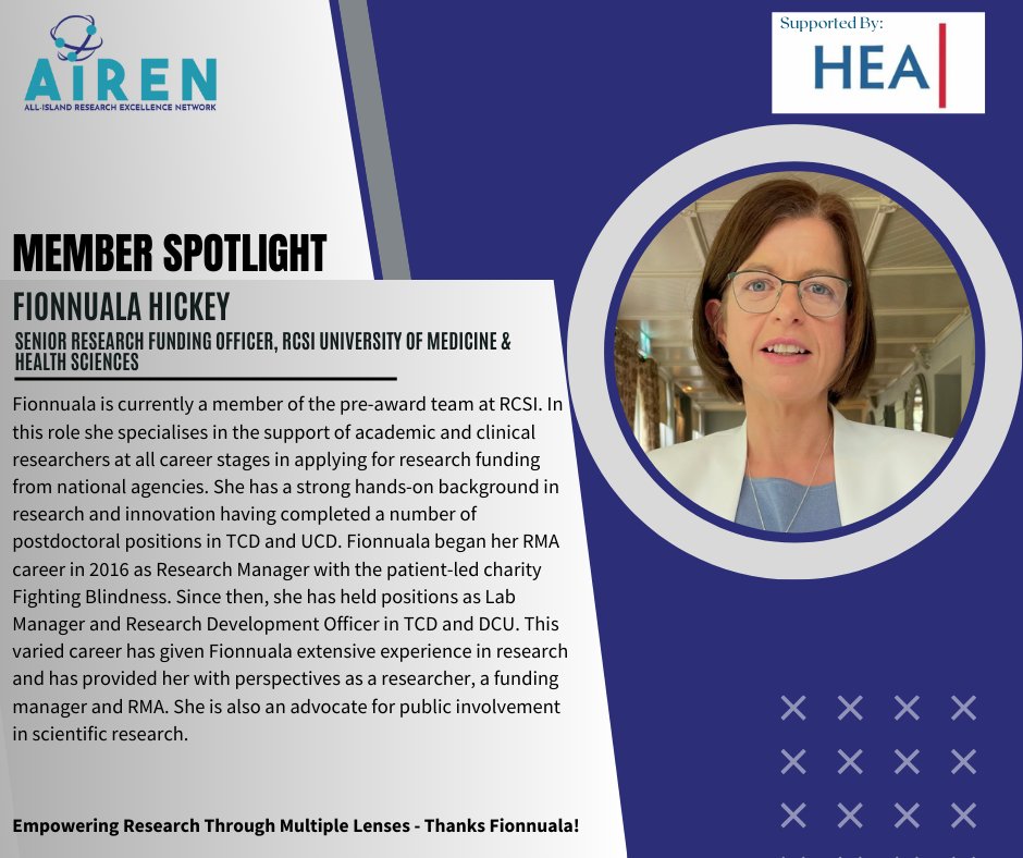 🎯 AIREN Member Spotlight

Meet Fionnuala Hickey, RCSI's Senior Research Funding Officer! Supporting researchers &amp; championing public involvement in science.

#AIREN #ResearchExcellence #RCSI