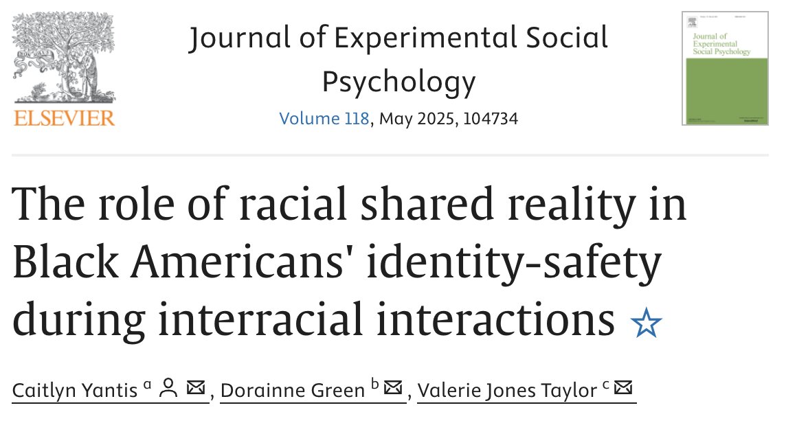 Caitlyn Yantis (@caitlyn_yantis) on Twitter photo New paper now out in JESP (🎉) with <a href="/drdorainnegreen/">Dorainne J. Green</a> and Valerie Jones Taylor exploring Racial Shared Reality (RSR) - perceived consensus with another person about race and racism. (1/x)
sciencedirect.com/science/articl… New paper now out in JESP (🎉) with <a href="/drdorainnegreen/">Dorainne J. Green</a> and Valerie Jones Taylor exploring Racial Shared Reality (RSR) - perceived consensus with another person about race and racism. (1/x)
sciencedirect.com/science/articl…
