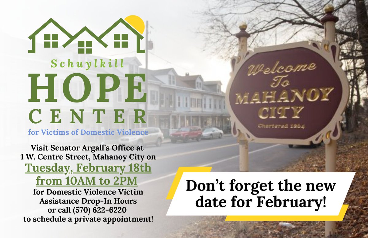 schopecenter's tweet photo. An advocate will be available from 10AM to 2PM today in Mahanoy City. This is a great opportunity for folks who live in northern Schuylkill County to come visit and talk about the services Hope Center has to offer near to your hometown! https://t.co/aW9vxteWe3