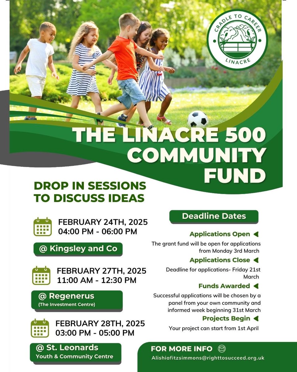 Ykids_Charity's tweet photo. Do you have an idea for a community project to take place in the Linacre Ward in Bootle? You may be eligible for a £500 grant from Linacre Cradle to Career
There are 3 family drop in sessions where you can chat about your idea and find out more
#Bootle #Linacre #cradletocareer https://t.co/S4TLhG2XLy