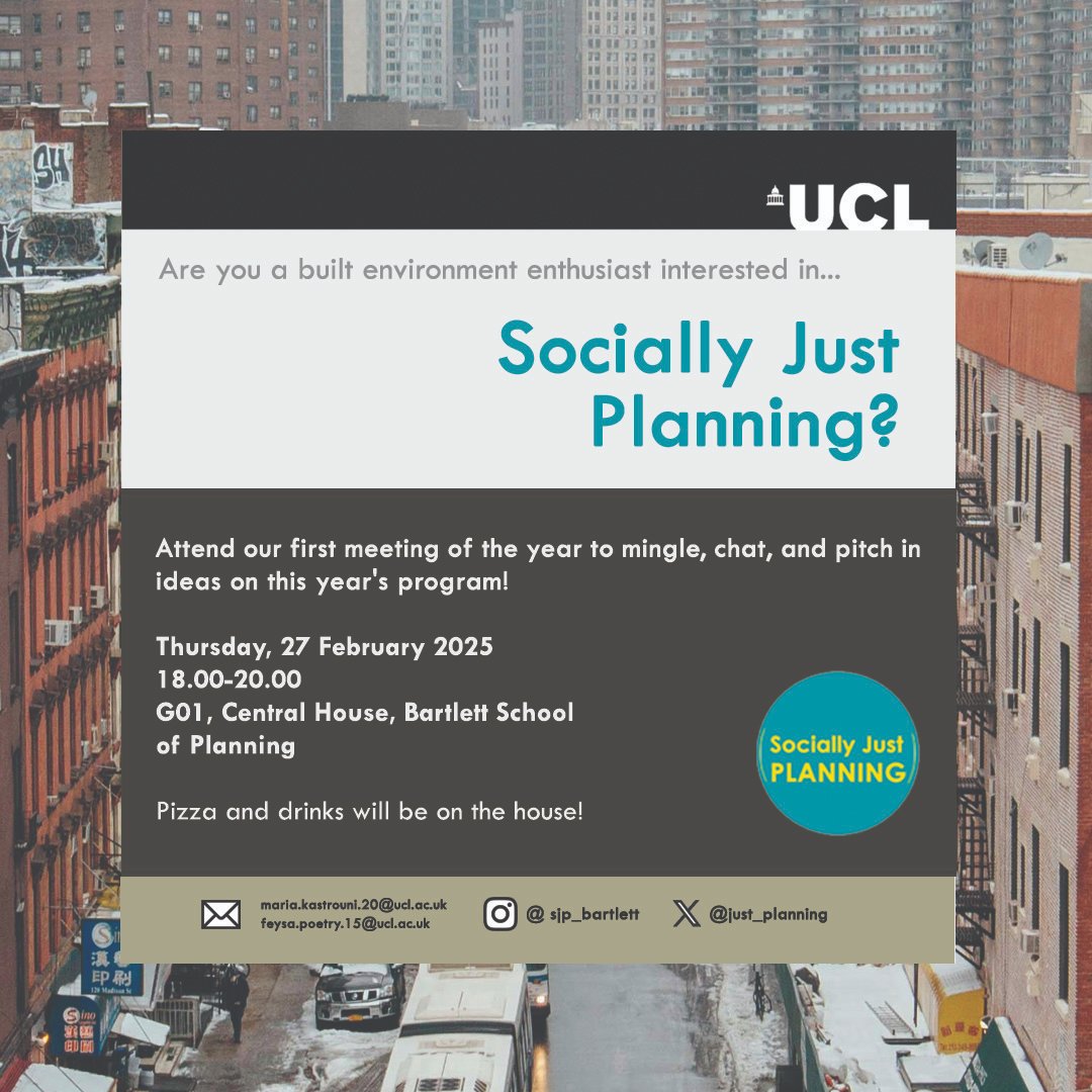 👉Are you a built environment enthusiast interested in...Socially Just Planning?

Attend our first meeting of the year to mingle, chat, and pitch in ideas on this year's program!

📆Thursday, 27/2, 6-8, G01, Central House

<a href="/BartlettArchUCL/">The Bartlett School of Architecture, UCL</a> <a href="/UCL_BSP/">The Bartlett School of Planning</a> <a href="/TheBartlettUCL/">The Bartlett</a>