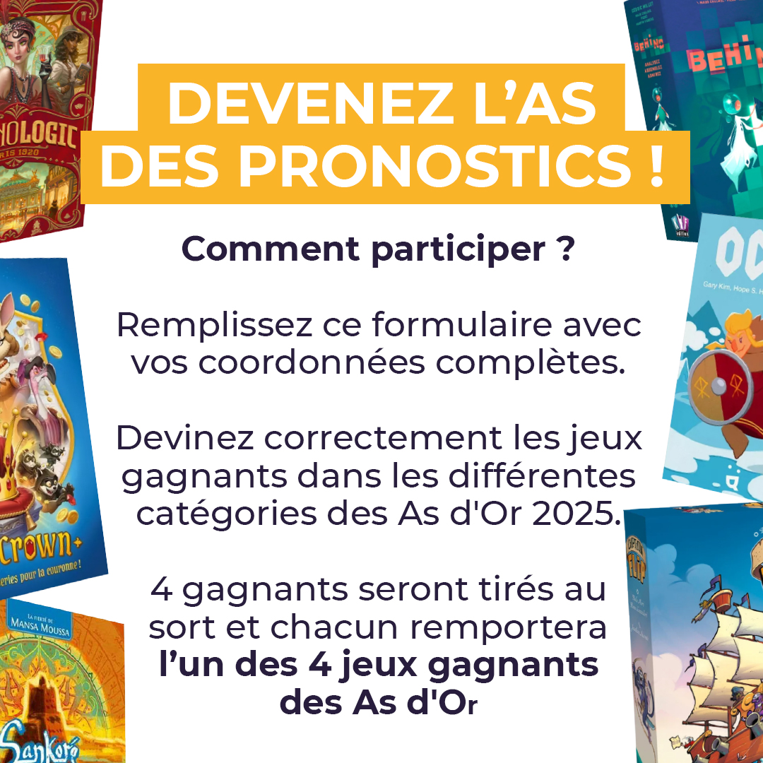 Gagner l’un des 4 jeux primés aux As d’Or, ça vous tente ? 🏆

Lien du jeu #concours : docs.google.com/forms/d/158rLJ…
