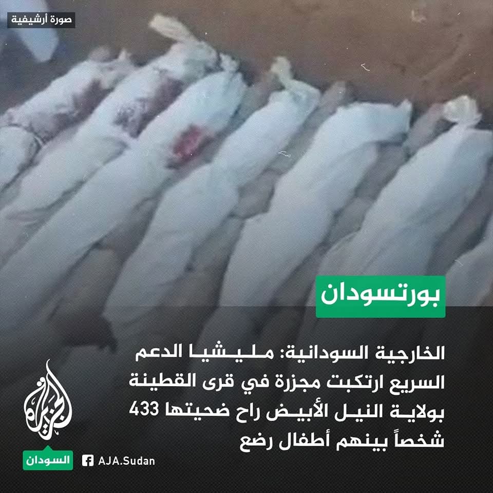 the RSF massacred hundreds of citizens in White Nile state (433 citizens including infants according to Sudan's MoFA), killing them inside their houses, in the streets and while crossing the White Nile river using boats to flee the RSF's terror

#KeepEyesOnSudan