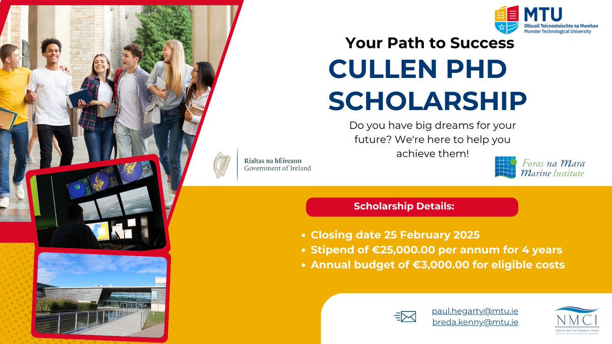 NMCI (@nmci_ireland) on Twitter photo The deadline to apply for the 𝐂𝐮𝐥𝐥𝐞𝐧 𝐏𝐡𝐃 𝐒𝐜𝐡𝐨𝐥𝐚𝐫𝐬𝐡𝐢𝐩 is February 25th.
➡️ annual budget of €3,000.00 for eligible costs
➡️ stipend of €25,000.00 per annum for 4 years
➡️ Details blog.nmci.ie/2025/02/cullen…
This #PhD is supported by <a href="/MarineInst/">Marine Institute</a>
#MTU #NMCI The deadline to apply for the 𝐂𝐮𝐥𝐥𝐞𝐧 𝐏𝐡𝐃 𝐒𝐜𝐡𝐨𝐥𝐚𝐫𝐬𝐡𝐢𝐩 is February 25th.
➡️ annual budget of €3,000.00 for eligible costs
➡️ stipend of €25,000.00 per annum for 4 years
➡️ Details blog.nmci.ie/2025/02/cullen…
This #PhD is supported by <a href="/MarineInst/">Marine Institute</a>
#MTU #NMCI