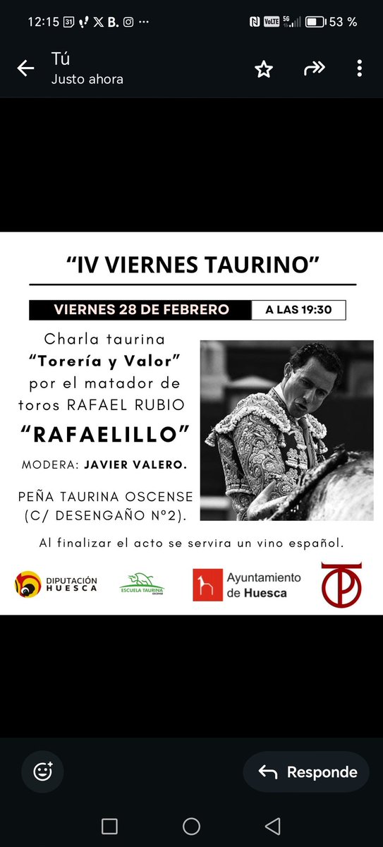 Nueva edición de los "Viernes Taurinos ", en la sede de la <a href="/ptaurinaoscense/">Peña Taurina Oscense</a> con el matador <a href="/RRRafaelillo/">Rafaelillo</a>. Os esperamos a las 19,30.... Nos vemos hablando de toros!!.
#temporadataurina2025 #ptaurinaoscense