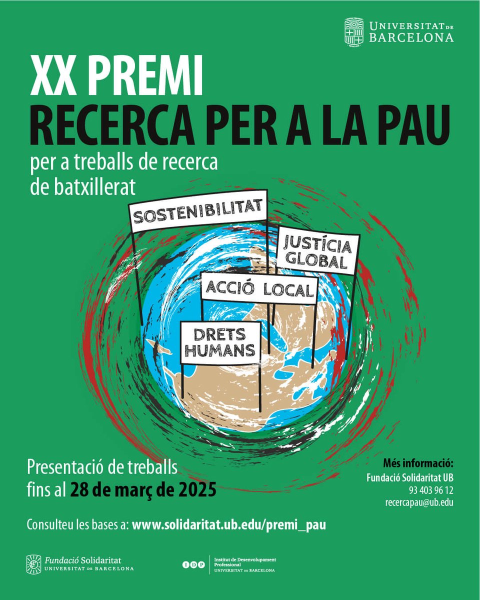 Recerca per a la Ciutadania Global (@recercapau) on Twitter photo 🏆El Premi #RecercaPau de la <a href="/UniBarcelona/">Universitat de Barcelona</a> té oberta convocatòria fins al 28 de març de 2025
🔎☮S’adreça a Treballs de #recerca de #batxillerat relacionats amb la #culturadepau
T'hi presentes?👉solidaritat.ub.edu/premi_pau/
#educació #pau #dretshumans #EducaJustíciaGlobal 🏆El Premi #RecercaPau de la <a href="/UniBarcelona/">Universitat de Barcelona</a> té oberta convocatòria fins al 28 de març de 2025
🔎☮S’adreça a Treballs de #recerca de #batxillerat relacionats amb la #culturadepau
T'hi presentes?👉solidaritat.ub.edu/premi_pau/
#educació #pau #dretshumans #EducaJustíciaGlobal