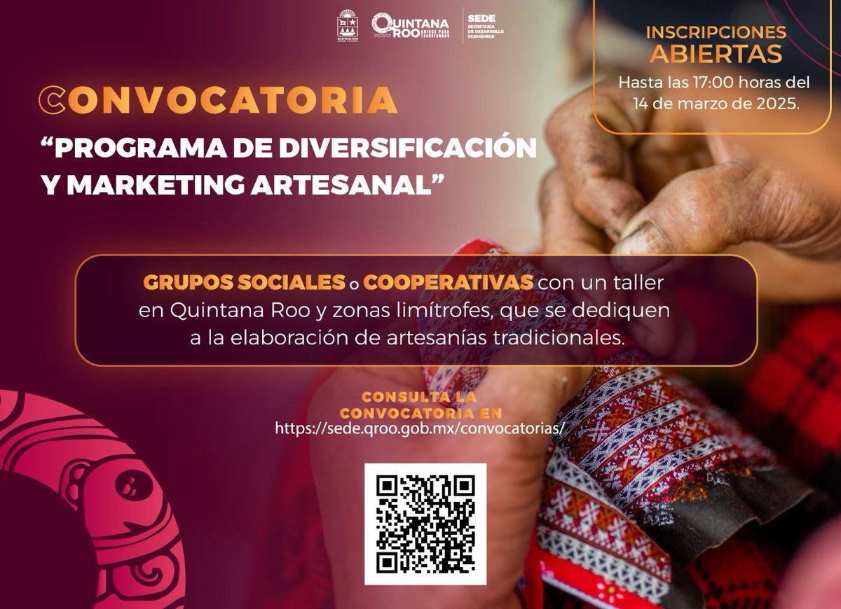 🧵🧶¡Atención artesanas y artesanos de #QuintanaRoo! La <a href="/SEDEQROO/">SEDE Quintana Roo</a> les invita a participar en la convocatoria del Programa de Diversificación y Marketing Artesanal 2025, en el que podrán recibir recursos, hasta $120,000 en apoyos, para mejorar sus talleres y equiparlos.