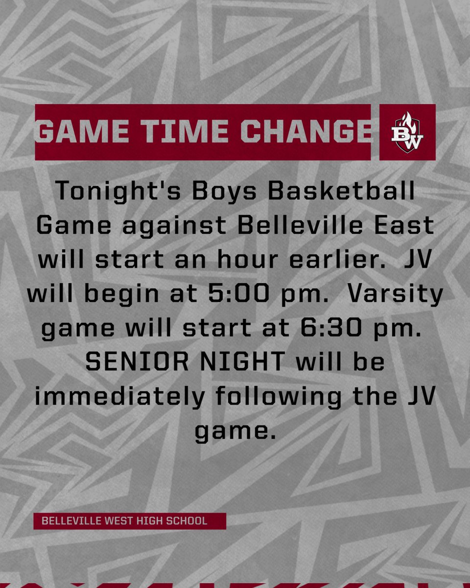 BW Athletics (@bwestathletics) on Twitter photo SCHEDULE CHANGE FOR TONIGHT!!!!!
JV Game at 5:00 pm
Senior Night Immediately Following JV Game
Varsity Game at 6:30 pm.
<a href="/BW_CompCheer/">BW Competitive Cheer</a>, <a href="/MaroonsHoops/">BWest Hoops</a>, <a href="/BTHSEastLancers/">BellevilleEastSports</a>, <a href="/East_Basketball/">BEast Basketball</a>, <a href="/GSV_STL/">Gateway Sports Venue</a>, <a href="/STLhssports/">STLhighschoolsports</a>, <a href="/MaroonMadnezz/">MaroonMadnezz</a> SCHEDULE CHANGE FOR TONIGHT!!!!!
JV Game at 5:00 pm
Senior Night Immediately Following JV Game
Varsity Game at 6:30 pm.
<a href="/BW_CompCheer/">BW Competitive Cheer</a>, <a href="/MaroonsHoops/">BWest Hoops</a>, <a href="/BTHSEastLancers/">BellevilleEastSports</a>, <a href="/East_Basketball/">BEast Basketball</a>, <a href="/GSV_STL/">Gateway Sports Venue</a>, <a href="/STLhssports/">STLhighschoolsports</a>, <a href="/MaroonMadnezz/">MaroonMadnezz</a>