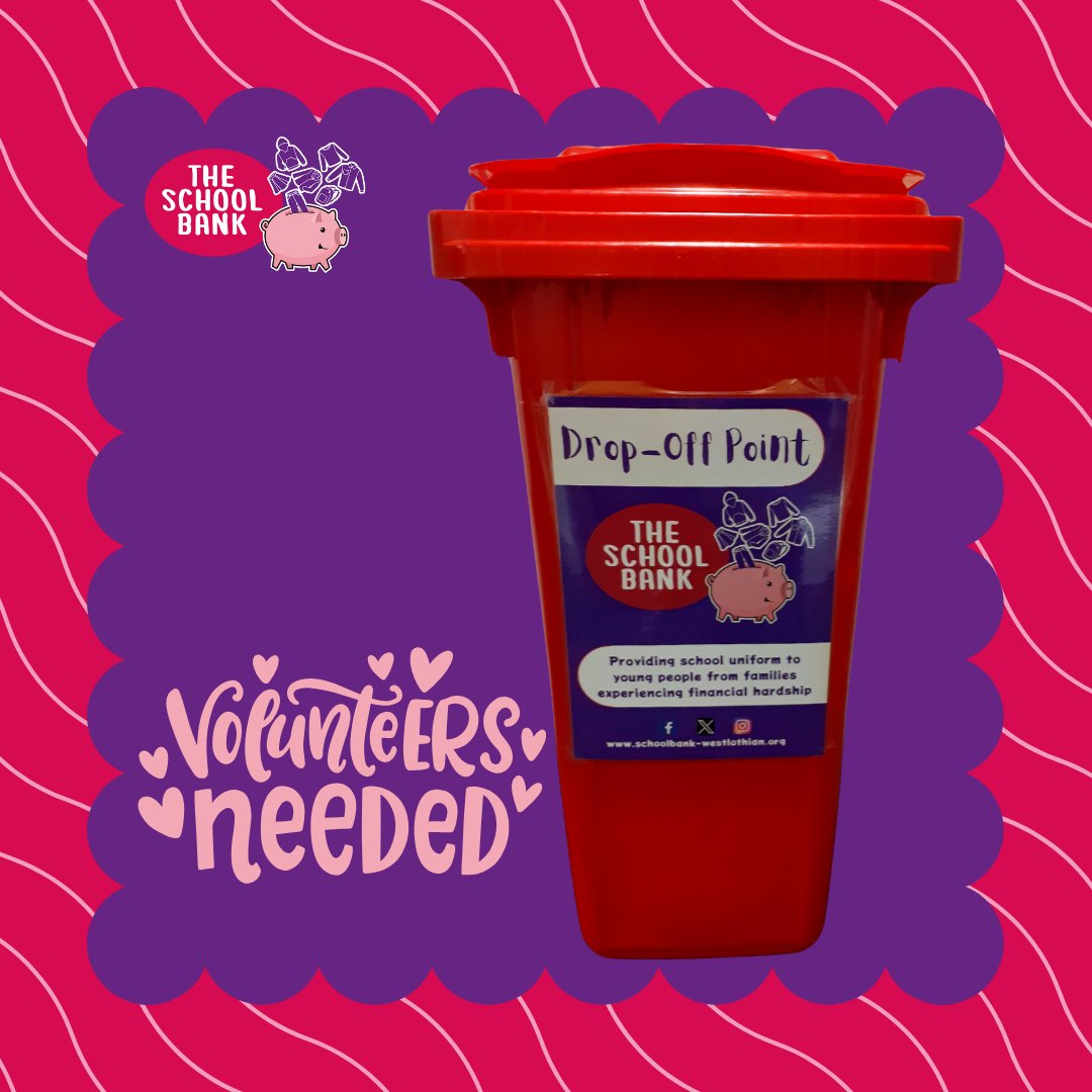 We need new amazing Volunteers to help with our red collection bins in Livingston, Bathgate and Polbeth. Can you pick up donations from our community bins and drop off at our Livingston office during office hours. Please email: admin@schoolbank-westlothian.org to get involved.🥰