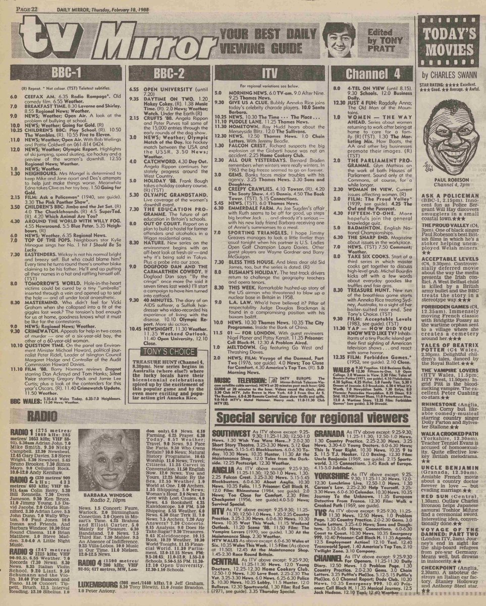 OTD in 1988. TOTP, Tomorrow's World and Mastermind are on BBC1. There's another chance to see Bless This House on ITV and a new series of Treasure Hunt begins on C4.
