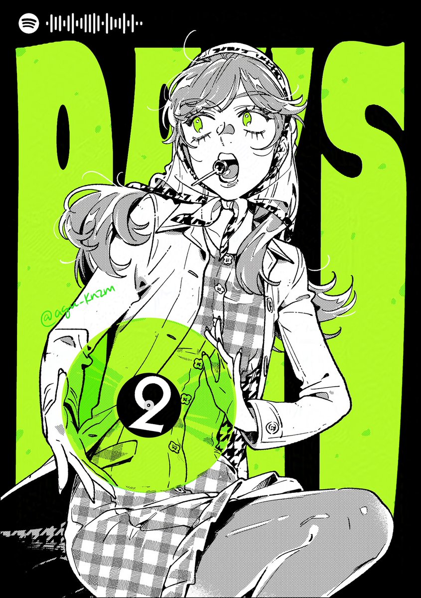 Aya, very dapper dressed with a hounds tooth pattern scarf, with a lolly in her mouth, holding a transparent green vinyl disk with the number 1, in the background, the stylised word "days" in big green letters