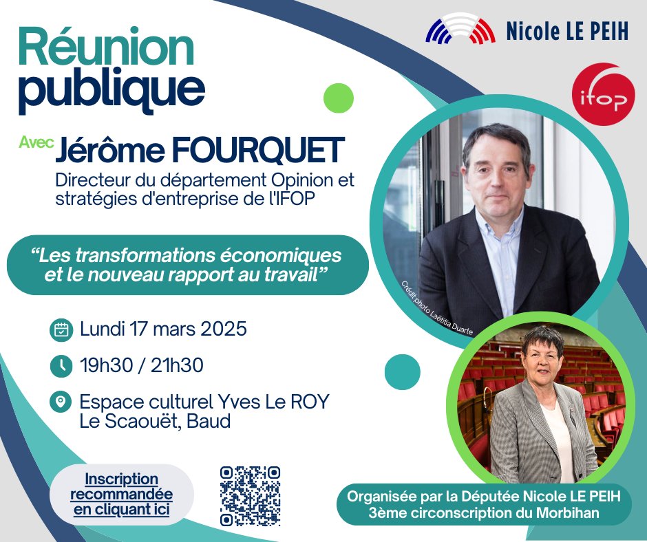 Bonjour !
Je vous invite à une conférence publique en présence de Jérôme FOURQUET sur  "Les transformations économiques et le nouveau rapport au travail"
📅 Le lundi 17 mars à Baud
⏰ De 19h30 à 21h30
Réservez dès maintenant votre place :
➡️ Je participe : lnkd.in/eWzipeK5