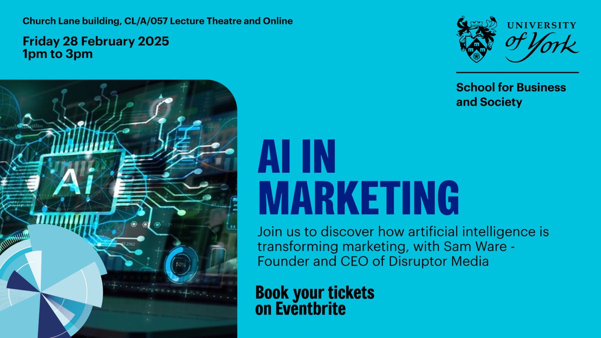 School for Business and Society 🏫 (@uoy_sbs) on Twitter photo 📣 Want to know how AI is transforming marketing?
🗓️ 28 February
🕐 1pm-3pm
📍 <a href="/UoY_SBS/">School for Business and Society 🏫</a> and Online
Sam Ware, Founder and CEO of Disruptor Media, will explore practical ways AI can enhance creativity, streamline workflows, and deliver data-driven results: eventbrite.co.uk/e/ai-in-market… 📣 Want to know how AI is transforming marketing?
🗓️ 28 February
🕐 1pm-3pm
📍 <a href="/UoY_SBS/">School for Business and Society 🏫</a> and Online
Sam Ware, Founder and CEO of Disruptor Media, will explore practical ways AI can enhance creativity, streamline workflows, and deliver data-driven results: eventbrite.co.uk/e/ai-in-market…
