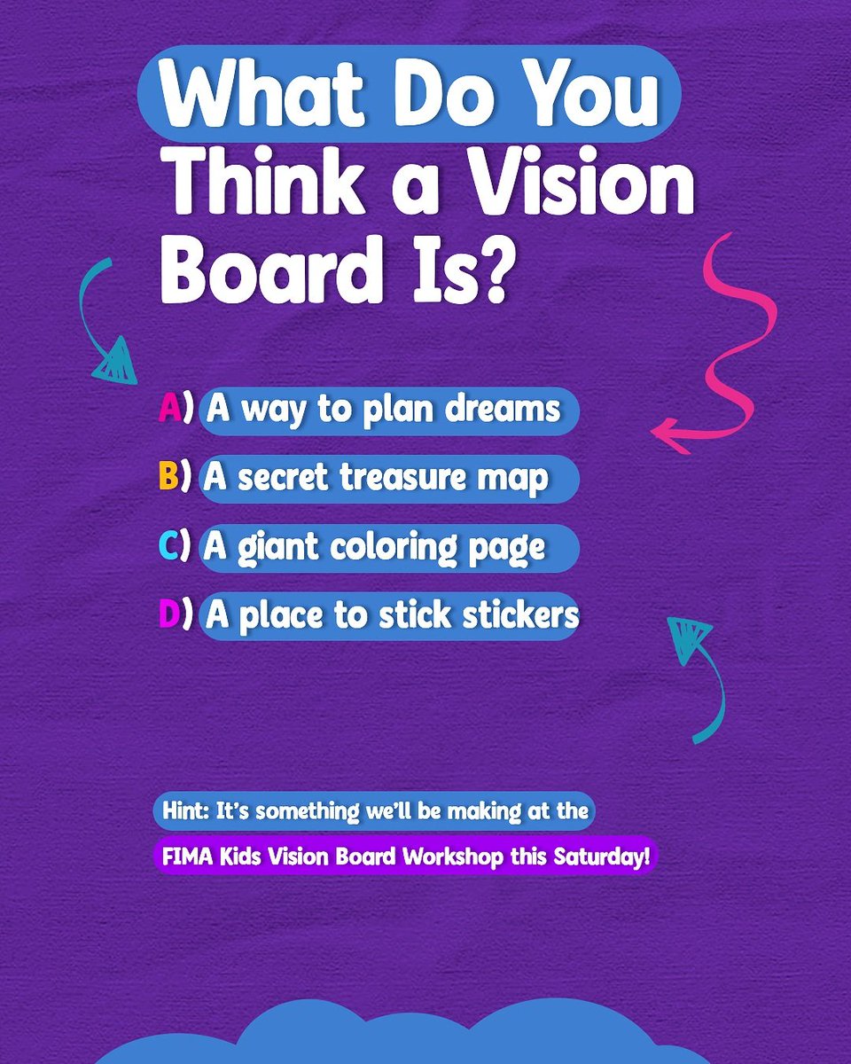 FimaKidsAcademy's tweet photo. Let’s play a game! 😊 What do you think a vision board is? Drop your answer in the comments! ⬇️
#VisionBoardWorkshop #KidsCanDoAnything #DreamBig #MentorshipMatters https://t.co/Uz1uEp0O95