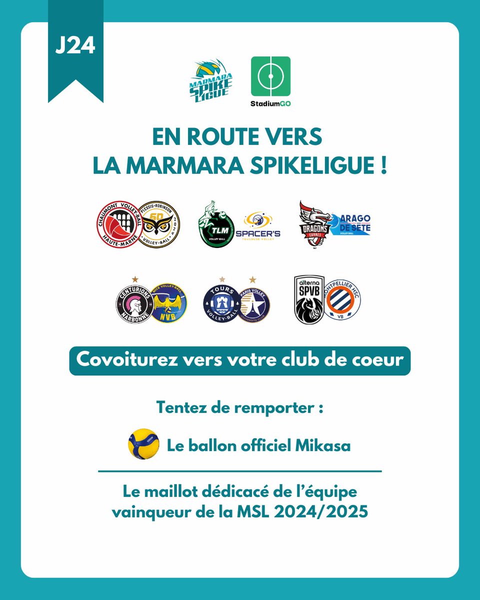 🚗 𝑬𝒏 𝒓𝒐𝒖𝒕𝒆 vers la Marmara SpikeLigue… et 𝒗𝒆𝒓𝒔 𝒅𝒆 𝒔𝒖𝒑𝒆𝒓 𝒄𝒂𝒅𝒆𝒂𝒖𝒙 ! 🏐🎁
Dans le cadre de la 24ème journée de la Marmara SpikeLigue, la LNV s’associe à StadiumGO afin de vous proposer une solution de covoiturage ! En plus d’aller soutenir votre club