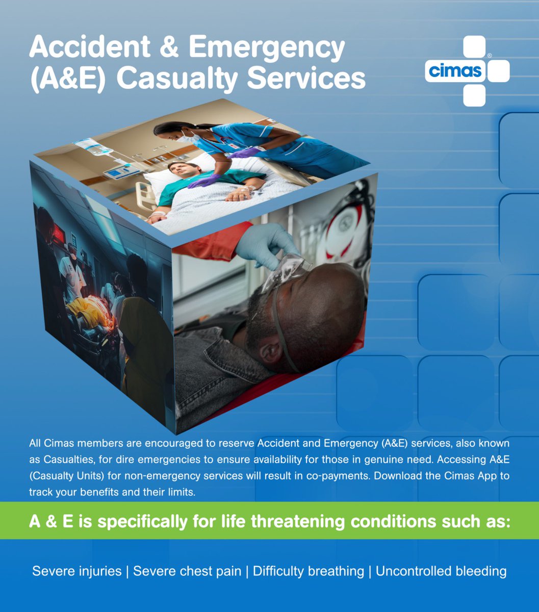 Cimas members are encouraged to reserve Accident and Emergency (A&amp;E) services, also known as Casualties, for dire emergencies to ensure availability for those in genuine need. Learn more: cimas.co.zw/accident-and-e…
