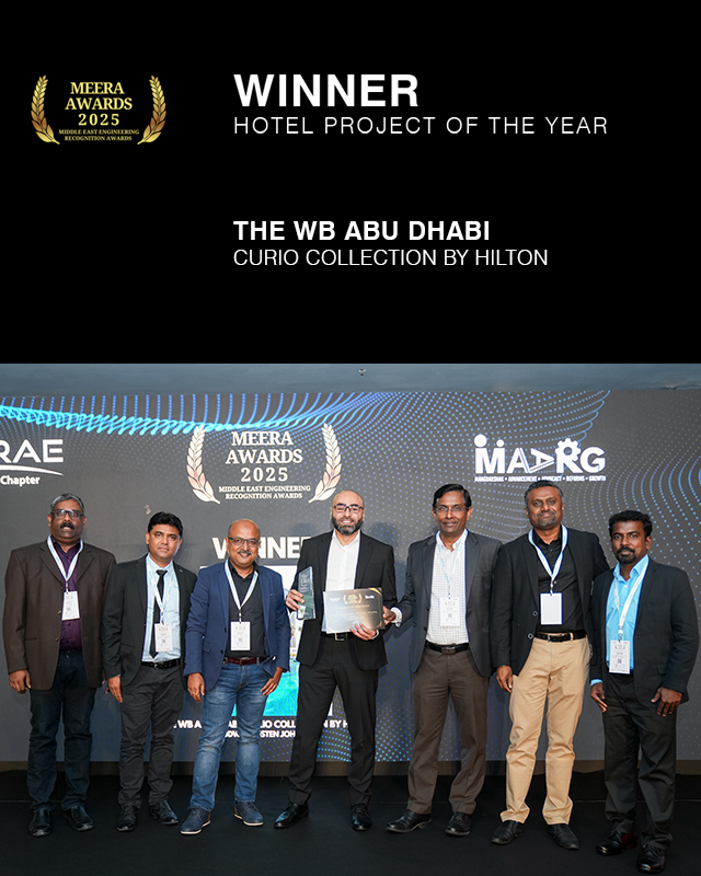 We’re thrilled to celebrate our success at the MEERA 2025 Awards! Congratulations to our team for The WB Abu Dhabi, Curio Collection by Hilton, winning Hotel Project of the Year, and The Jafar Centre, Dubai College, being highly commended for Sustainability Project of the Year.