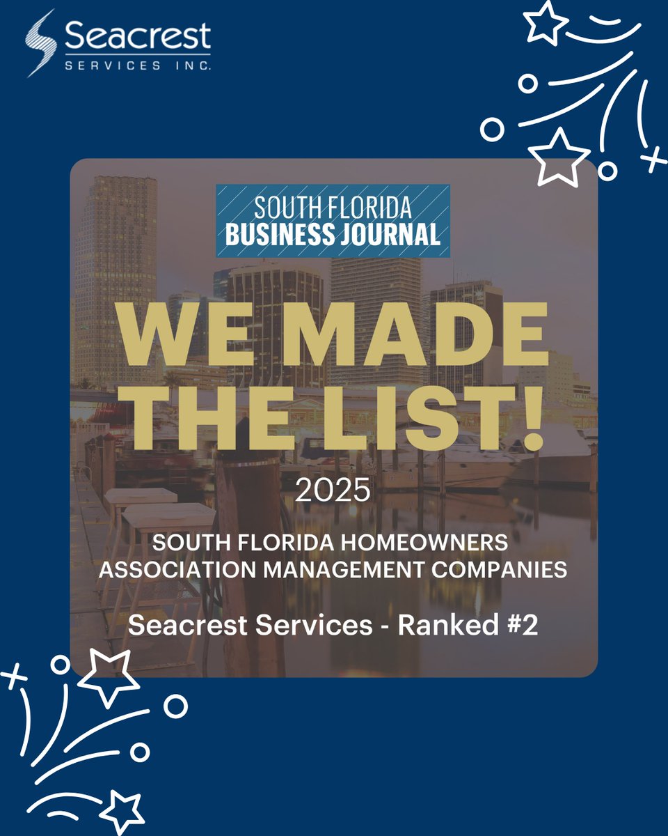 seacrestlife's tweet photo. Big news! 🚨 Once again, Seacrest Services has secured the #2 spot in South Florida’s top Homeowners Association Management Companies! 🙌 Thank you to our amazing team and clients for making this possible. Curious to see the details?  Check out this lin... https://t.co/XpeJt2MlND https://t.co/KbRFoIj3eR