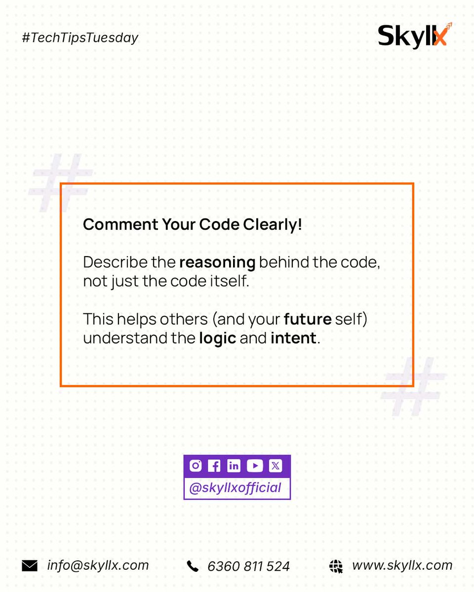 SkyllxOfficial's tweet image. 💡 Tech Tip Tuesday! 💡

#SkyllX #TechTipsTuesday #CodeComments #CleanCode #CodingBestPractices #Developers
