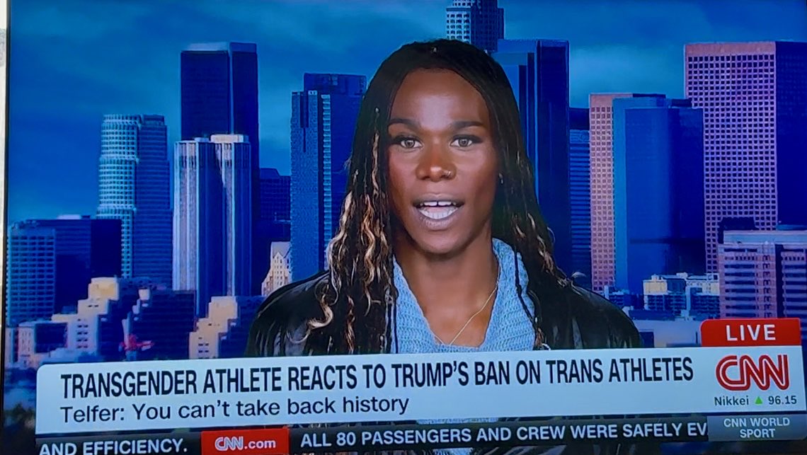 Absurd CNN interview just now with trans sprinter CeCe Telfer, treating her like some poor victim of Trump’s ban on trans athletes in women’s sport. She was born male, looks &amp; speaks like a man, runs like a man, and is smashing women’s records. She’s not a victim, she’s a cheat.