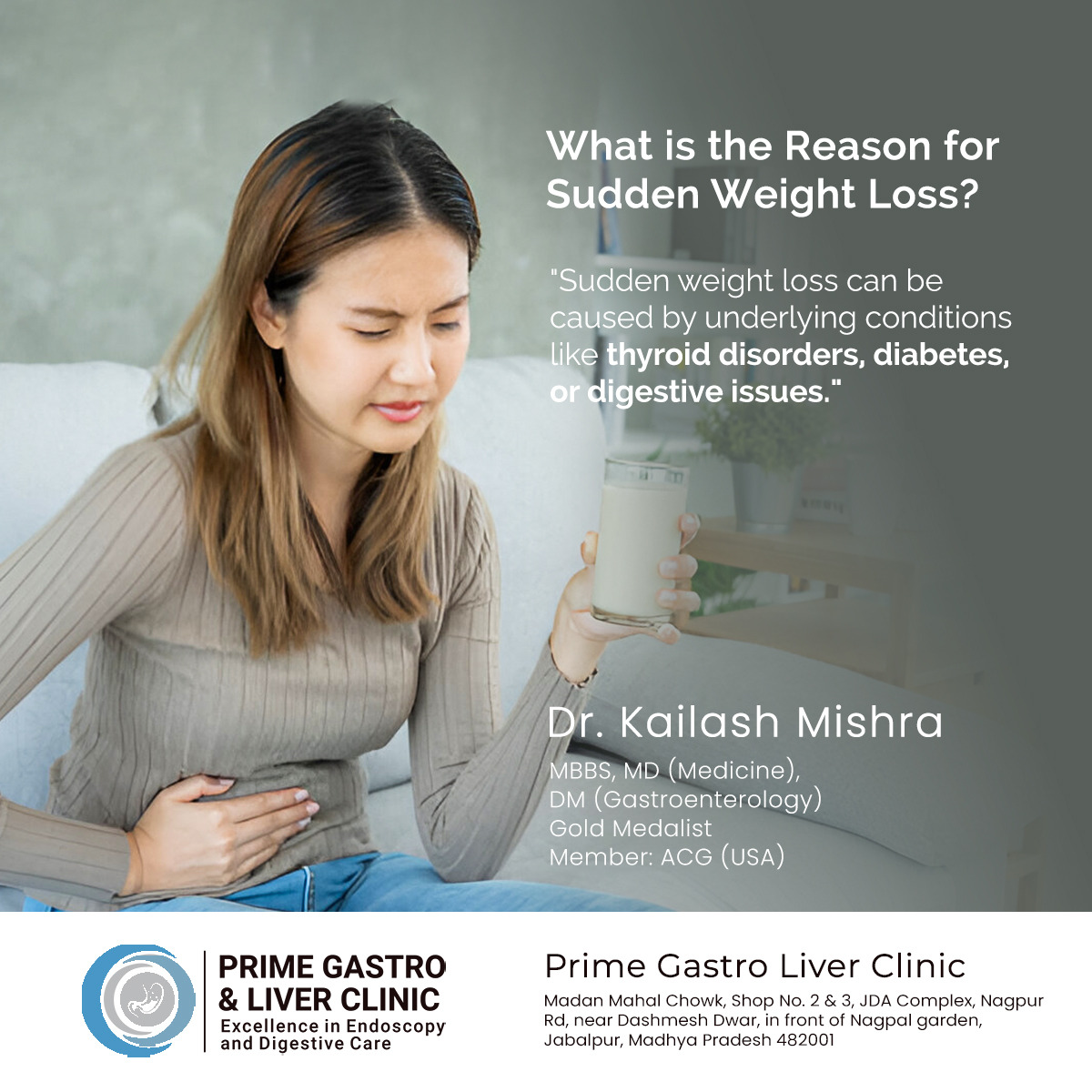 drkailashmishra's tweet image. Sudden #weightloss generally indicates that there is some health-related issue that needs to be addressed immediately.
Read More: g.co/kgs/fzkLUQ3, contact 9826014491
#weightlosssmoothie #gastrointestinaldisorder #gastroenterology #gastroenterologist #healthcare #health