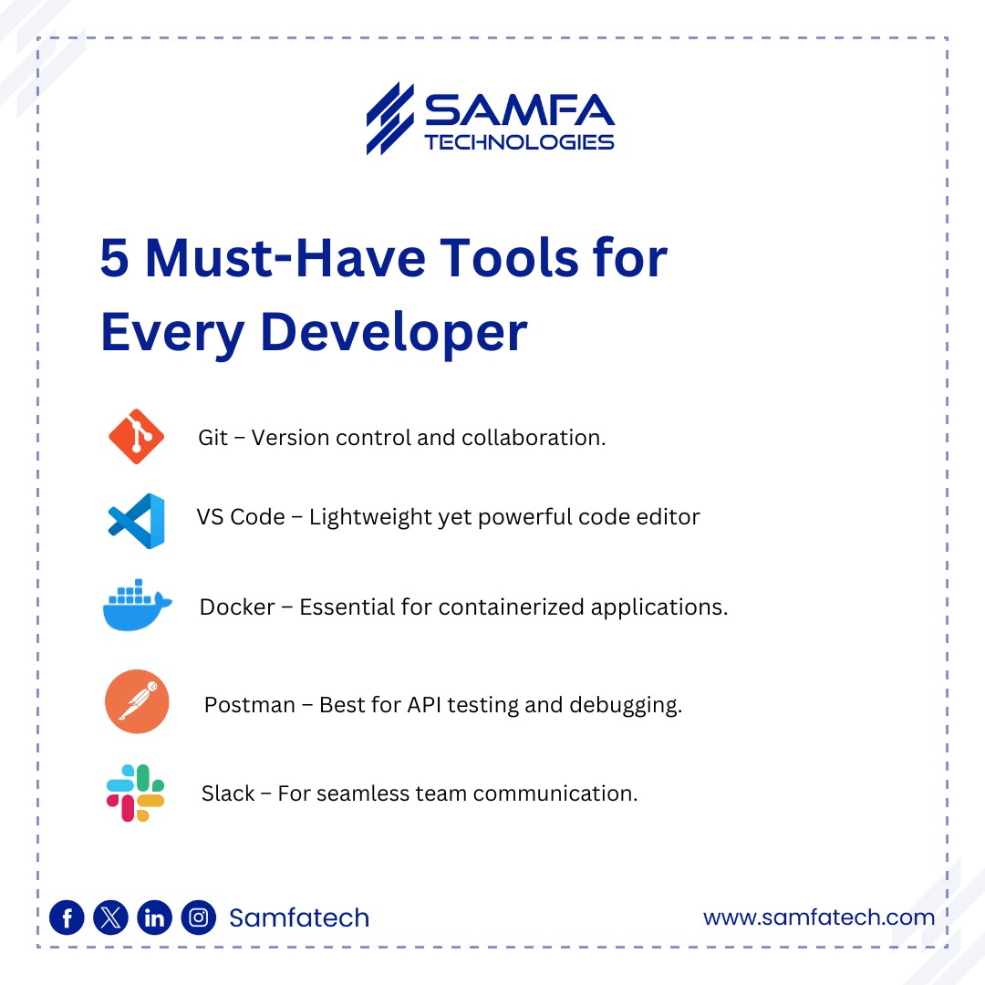 SAMFATech's tweet image. 5 Must-Have Tools for Every Developer
#SamfaTechnologies #DeveloperEssentials #TechInnovation #SoftwareDevelopment #CodeSmarter #DevTools #DigitalExcellence #FutureOfTech #ProfessionalDevelopment #TechSolutions