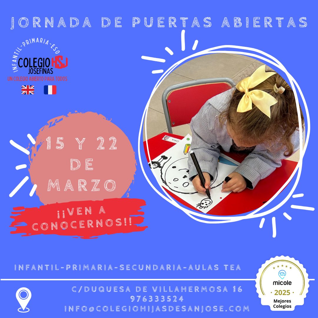 Colegio Hijas de San José 🌟Un colegio abierto para todos 🌟      

⏰Es la hora de venir a conocernos. 
🗓️sábado 15 de marzo
🗓️sábado 22 de marzo

👉Reserva tu plaza en el enlace 

docs.google.com/forms/d/e/1FAI…
