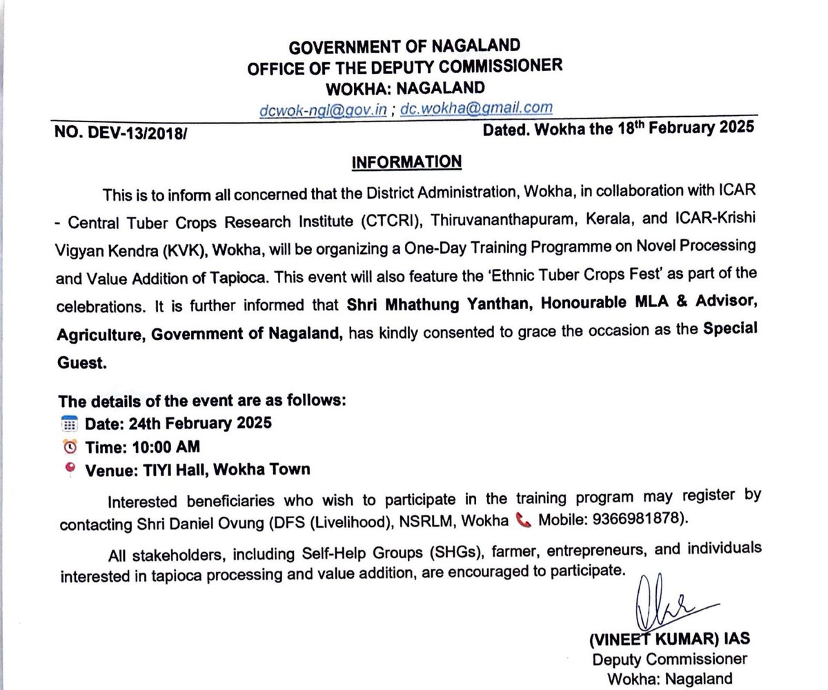 Join us for a One-Day Training Programme on Novel Processing &amp; Value Addition in Tapioca along with the Ethnic Tuber Crops Festival 🎉
📅 Date: 24th February 2025
📍 Venue: TIYI Hall, Wokha Town, Nagaland
⏰ Time: 10:00 AM onwards