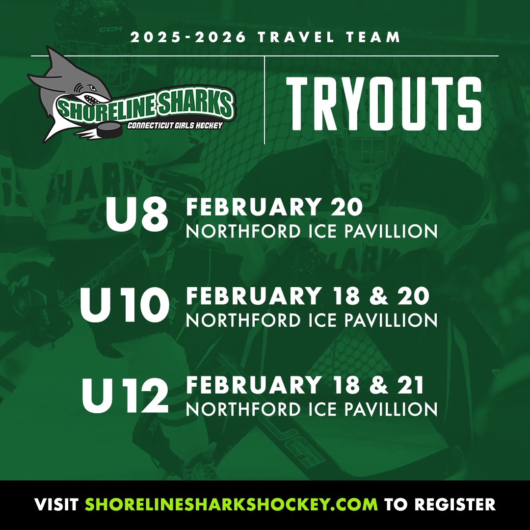 It's tryout time for U10 and U12 players TODAY (2/18)  in Northford. To register, visit our website or follow this link: bit.ly/3tdq9xp

U10: 5:20 - 6:20 pm
U12: 6:30 - 6:30 pm

Go Sharks!

#ctshorelinesharks #girlshockey #playerdevelopment
