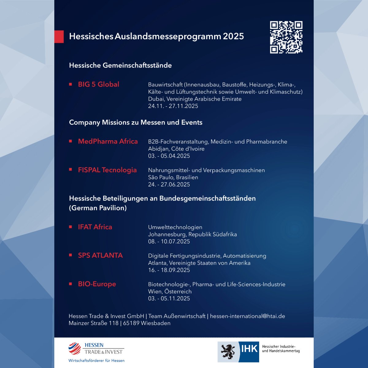 Wir konzipieren &amp; organisieren für hessische Unternehmen verschiedene Auslandsmesseprogramme 🌎
➡️Hessische Gemeinschaftsstände
➡️Hessische Beteiligungen an Bundesgemeinschaftsständen / German Pavilion
➡️Company Missions zu Messen &amp; Events
Programm 2025 ⬇️
htai.de/aussenwirtscha…