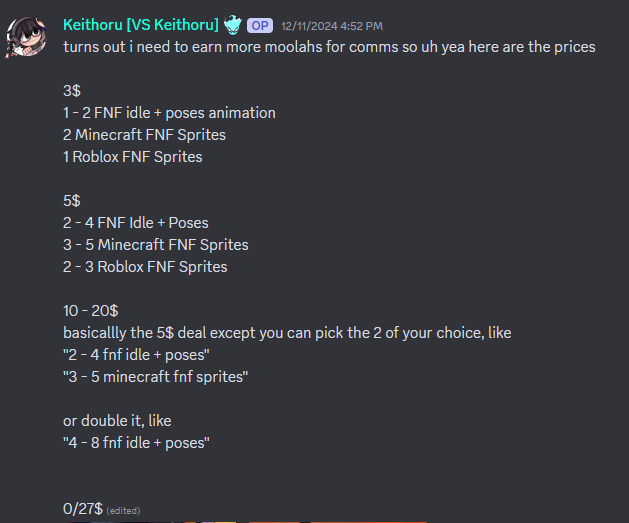 Keithoru's tweet photo. Animations FNF c0mmissi0n$ LIMITED DEAL
ih so i need to earn 27$ for comms n fnf stuff, if you cant buy then atleast repost this so that other people may be interested to buy my stuff :D
#fnf #fnfmod #fridaynightfunkin #fridaynightfunkinmod #fridaynightfunkinmods #fnfcommission https://t.co/l4pqnpRTA7