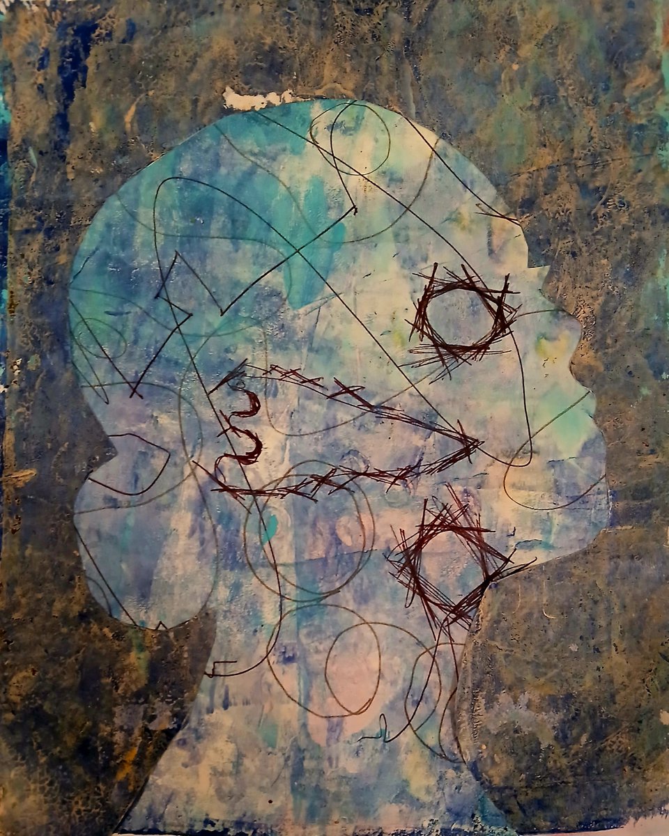 Christi03851439's tweet image. I&apos;ve been doing a series of prints and collages, and I finally did a few I like.  The first one is &quot;two faces with bird&quot;, and the other is &quot;two faces and nose&quot;.  #collageart, #collageartist, #printandpattern, #gelliplate, #gelliprinting, #drawing, #art