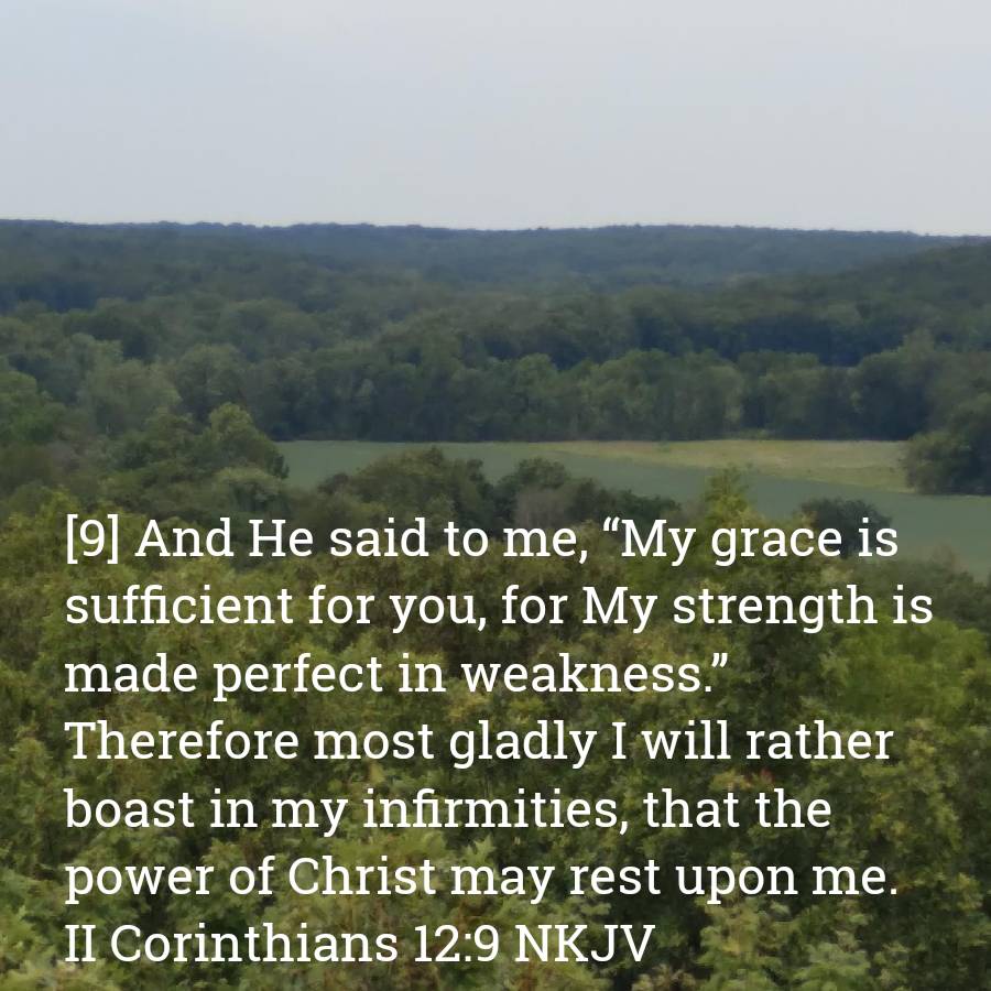 II Corinthians 12:9 NKJV
[9] And He said to me, “My grace is sufficient for you, for My strength is made perfect in weakness.” Therefore most gladly I will rather boast in my infirmities, that the power of Christ may rest upon me. 

bible.com/bible/114/2co.…