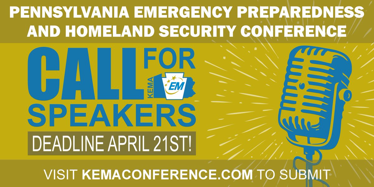 KEMAConference's tweet image. KEMA invites YOU to share your expertise at the 8th Annual Pennsylvania Emergency Preparedness and Homeland Security Conference, happening September 28–30, 2025 in Altoona, PA!

Submit your proposal by April 21, 2025, at KEMAConference.com

#KEMACon2025