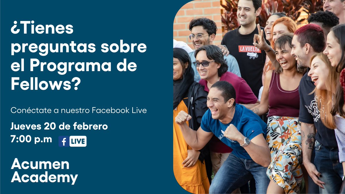 AcumenAcademy (@acumenacademy) on Twitter photo ¿Te gustaría ser parte de la Cohorte 2025 del Programa de Fellows de Acumen en Colombia? Resuelve todas tus dudas en nuestra transmisión en vivo.
🗓 Jueves 20 de febrero de 2025
⏰ 7:00 pm (hora Colombia)
¡Te esperamos! ¿Te gustaría ser parte de la Cohorte 2025 del Programa de Fellows de Acumen en Colombia? Resuelve todas tus dudas en nuestra transmisión en vivo.
🗓 Jueves 20 de febrero de 2025
⏰ 7:00 pm (hora Colombia)
¡Te esperamos!