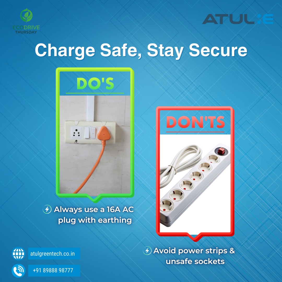 AtulGreentech's tweet photo. Charging your EV correctly keeps your battery healthy and ensures safety! Always use a 16A AC socket with proper earthing. Avoid power strips or non-grounded sockets to prevent electrical risks.
#EcodriveThursday #SmartCharging #EVSafety #AtulGreentech https://t.co/K7J6X8ZJ3m